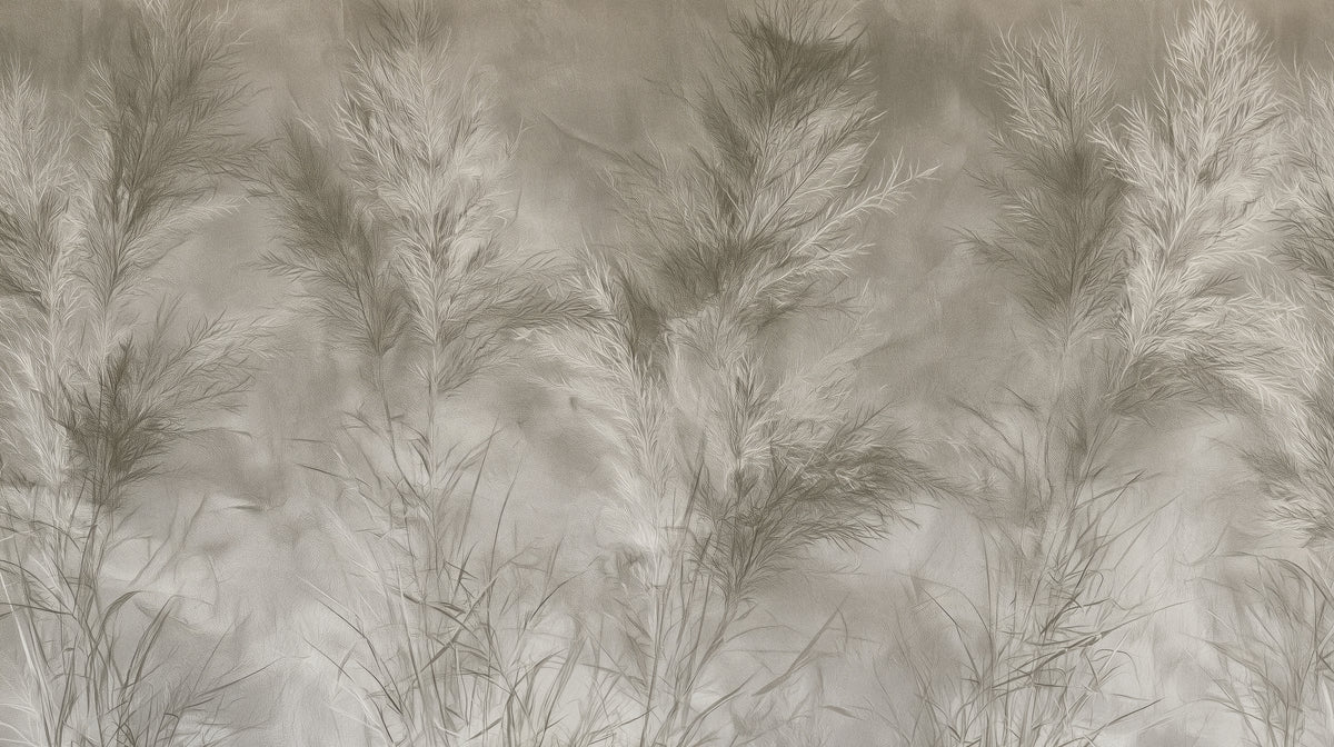 Anteprima del motivo: DRYPOINT – motivo completo: cinque pennacchi di graminacee grigio argento su fondo nebbioso grigio caldo con steli sottili in basso