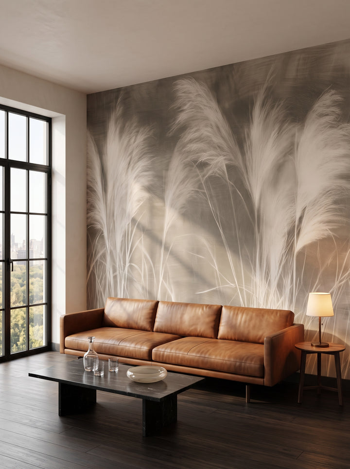 DUSK GALE en una ambientación de salón en un ático de Nueva York, ante la pared un sofá de piel color coñac y una mesita con lámpara