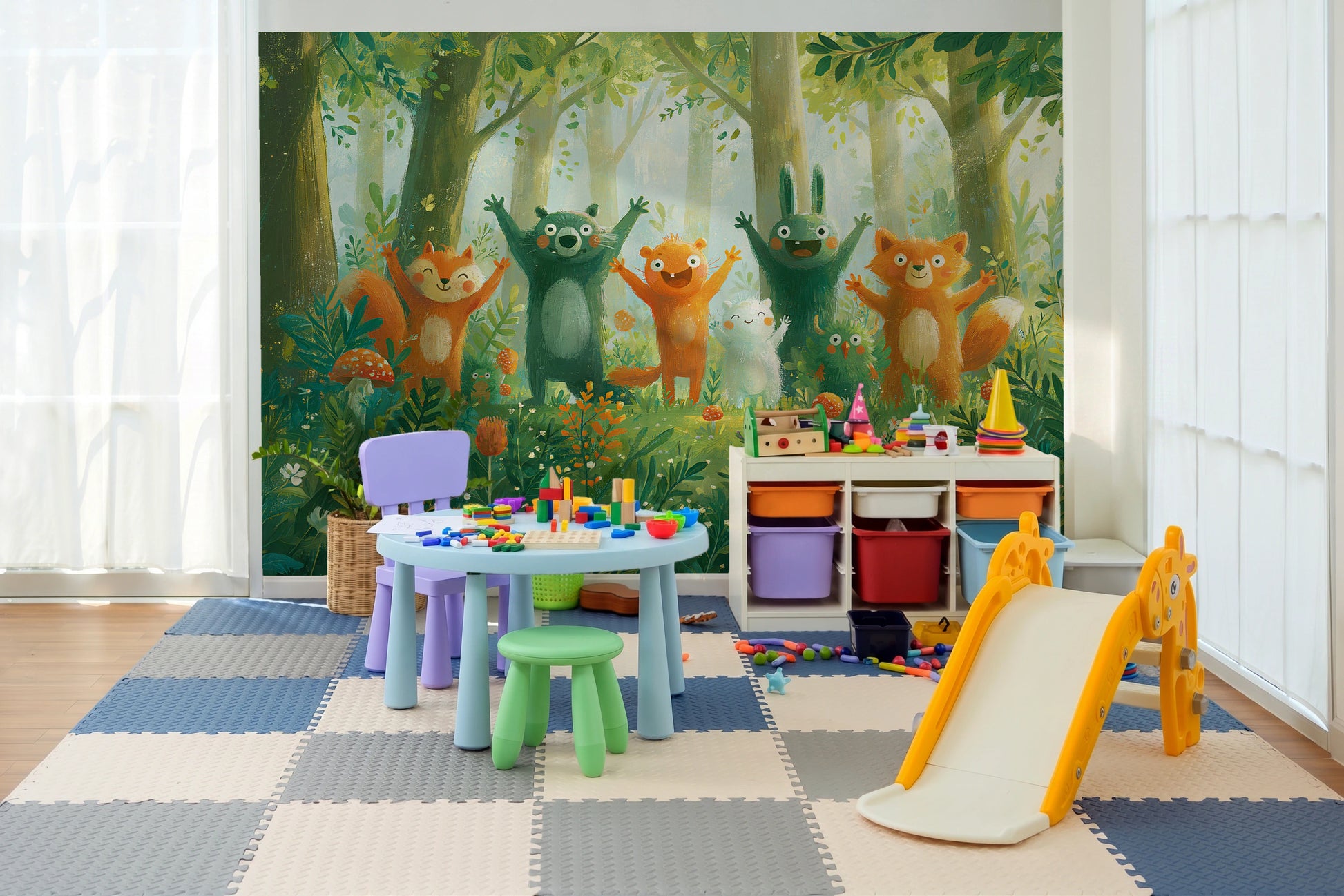 HAPPY CLEARING - tapeta z leśnymi zwierzętami na polanie — KIDS ROOM - PLAY ROOM