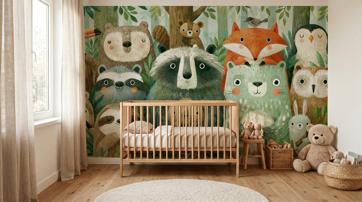 WOODLAND HUDDLE - tapeta z leśnymi zwierzętami dla dzieci — KIDS room - baby cot