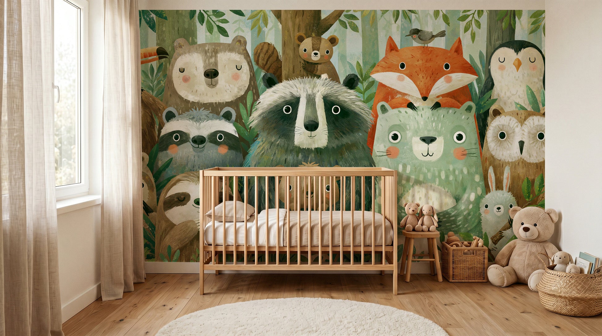 WOODLAND HUDDLE - tapeta z leśnymi zwierzętami dla dzieci — KIDS room - baby cot