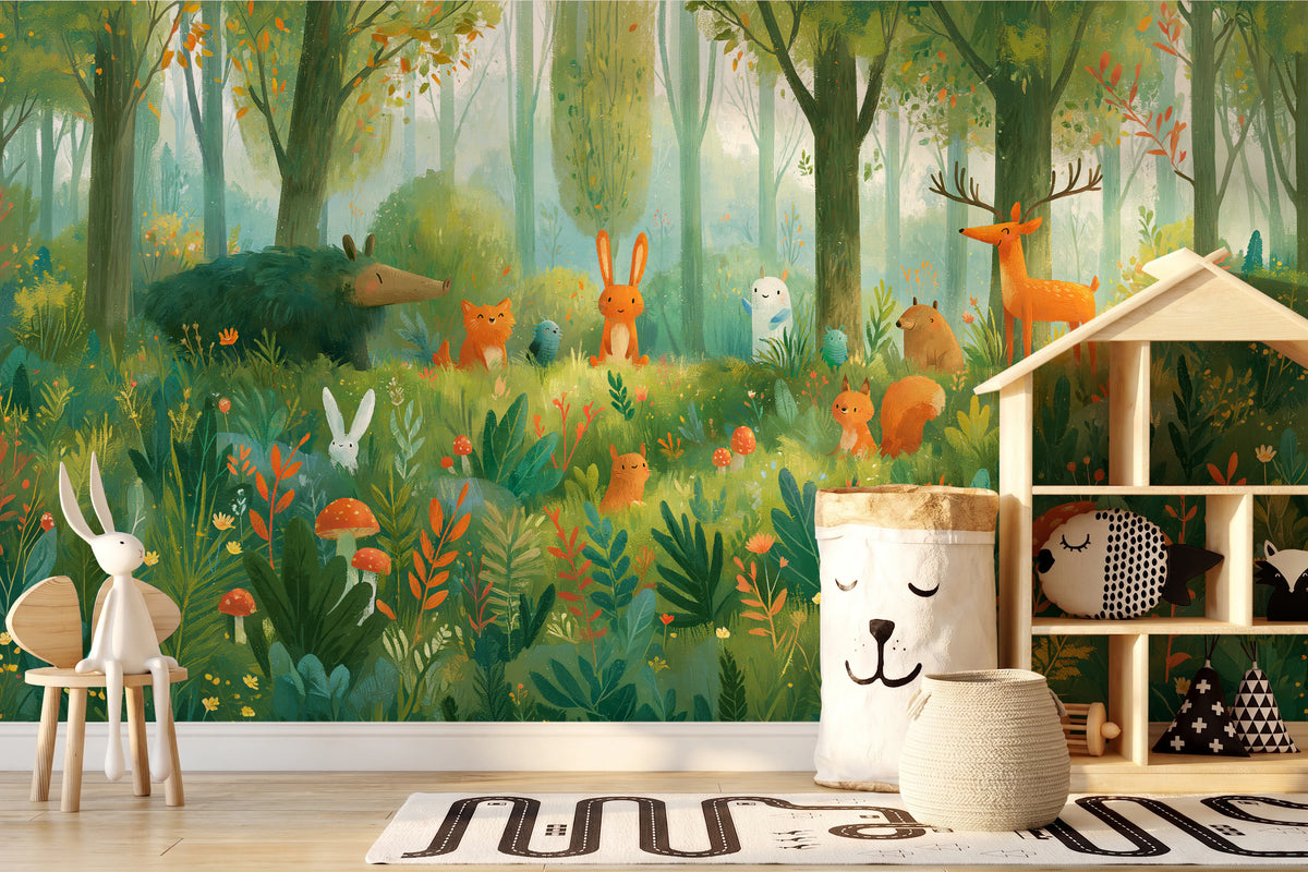 MOSSY GLADE - leśna polana ze zwierzętami w akwareli — KIDS — Pokój dziecięcy 08