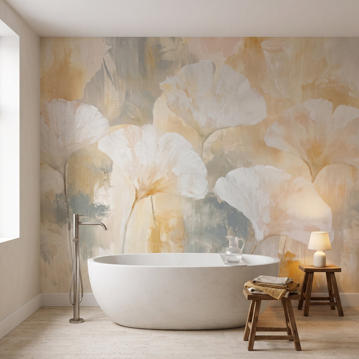 ECRU in a bathroom setting in Copenhagen, with a freestanding white stone bath and a teak stool with towels in front of the wall