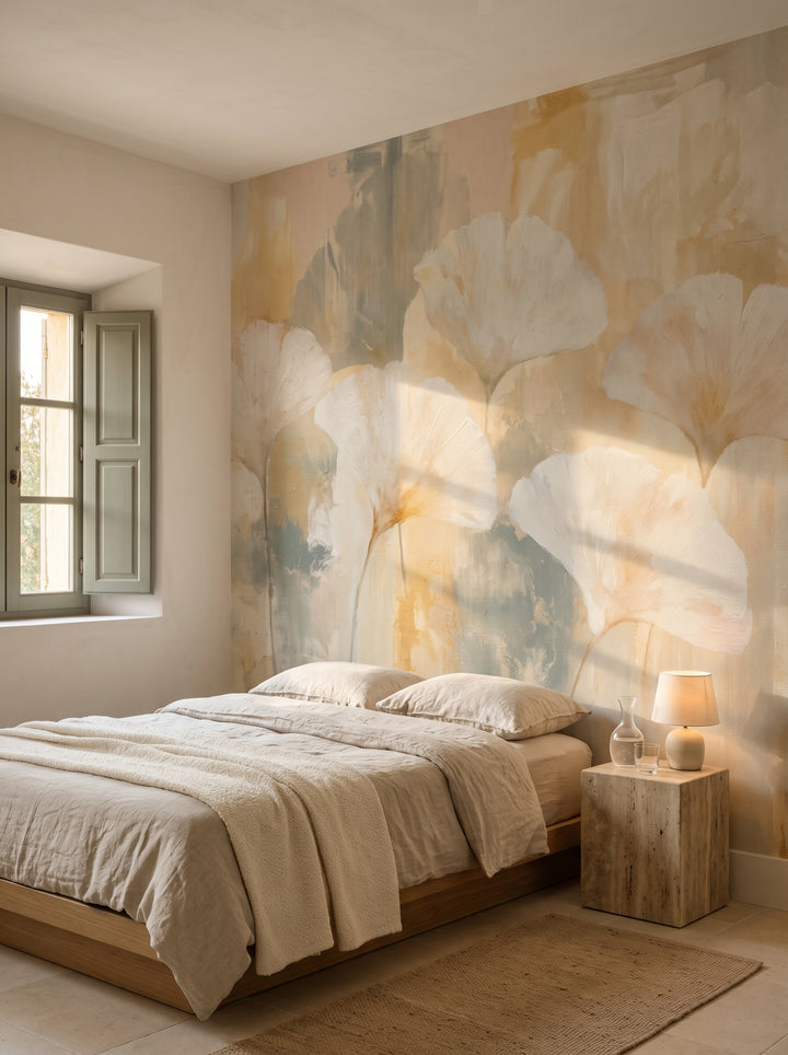 ECRU in a bedroom setting in a stone house in Provence, with a low oak bed and a travertine bedside table in front of the wall