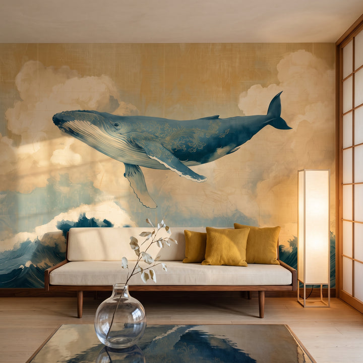 EDO LEVIATHAN in der Raumgestaltung eines Wohnzimmers: dunkelblauer Wal über niedrigem Sofa mit senffarbenen Kissen und Papierlampe