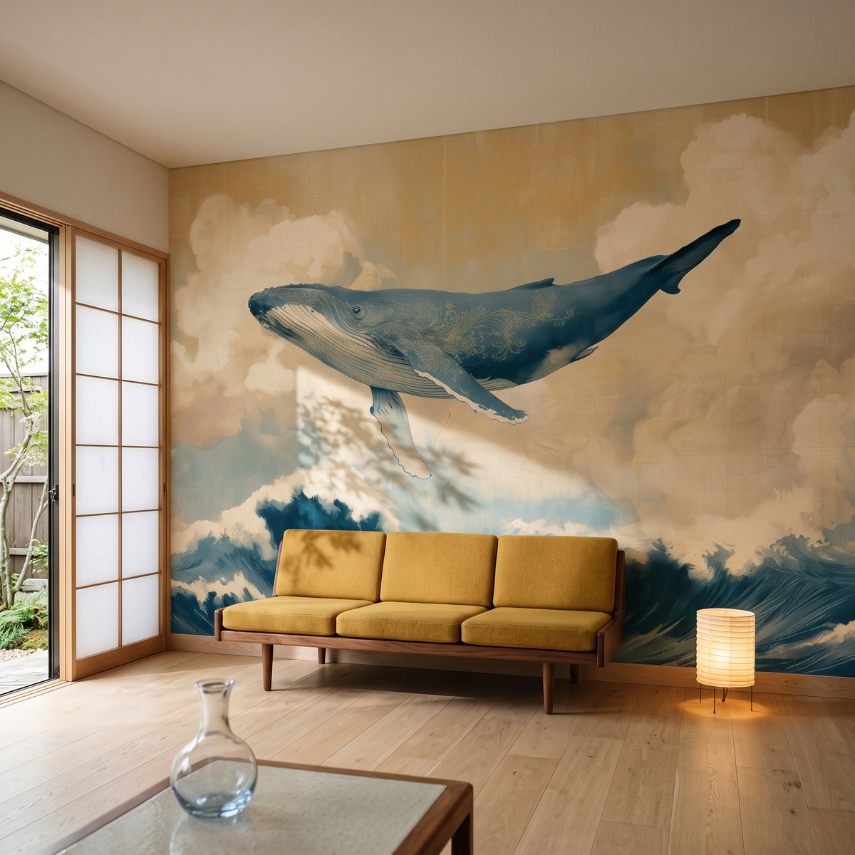 EDO LEVIATHAN en una ambientación de salón: ballena de color azul marino sobre un sofá bajo con cojines mostaza y una lámpara de papel