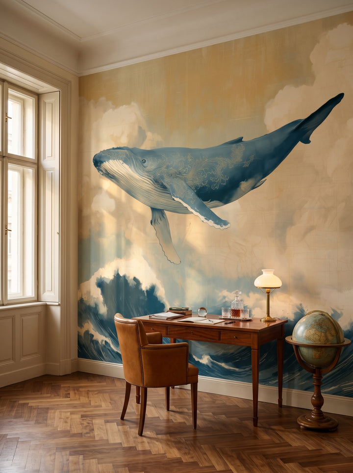 EDO LEVIATHAN en una ambientación de despacho: ballena de color azul marino y cielo ocre sobre un escritorio de madera con sillón y globo terráqueo