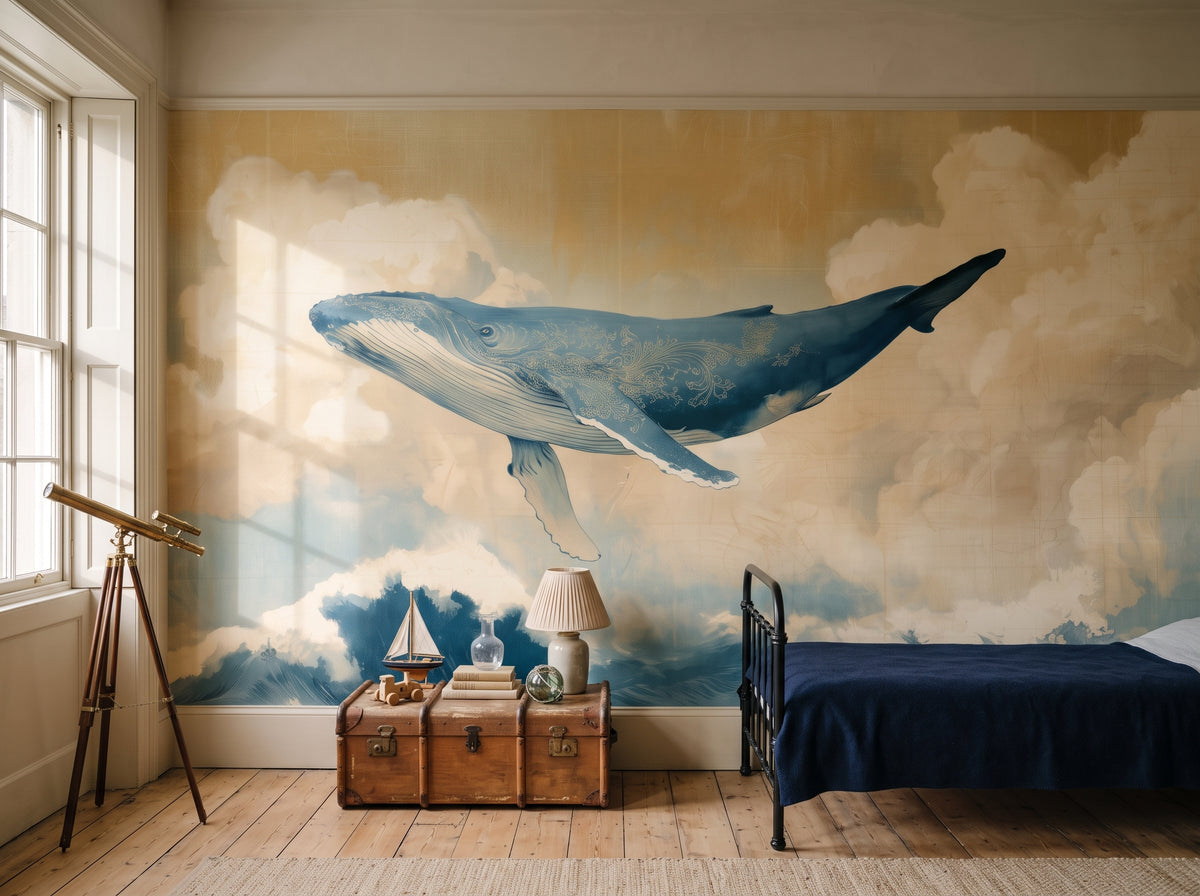 EDO LEVIATHAN en una ambientación de habitación infantil: toda la pared con la ballena, y debajo una cama de hierro, un baúl y un catalejo sobre trípode