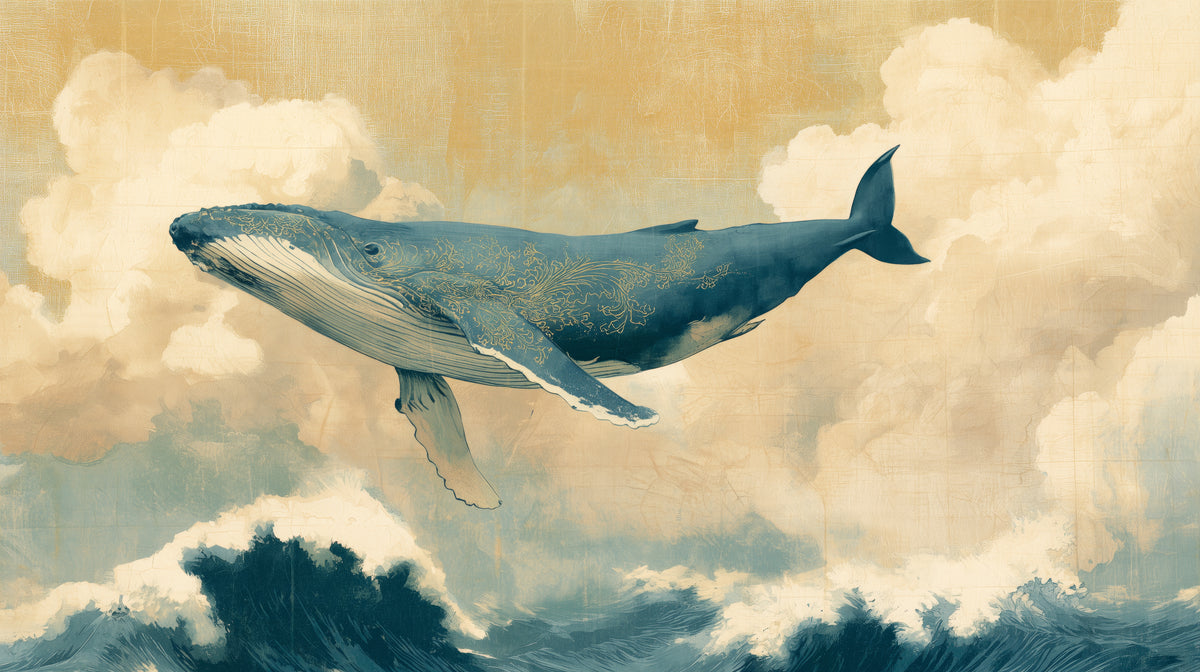 Mustervorschau: EDO LEVIATHAN – vollständiges Motiv: dunkelblauer Wal mit goldenem Ornament am ockerfarbenen Himmel, cremefarbene Wolken, Wellen in den unteren Ecken