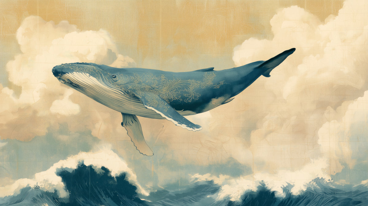 EDO LEVIATHAN – diseño completo: ballena de color azul marino con ornamento dorado en un cielo ocre, nubes crema y olas en las esquinas inferiores