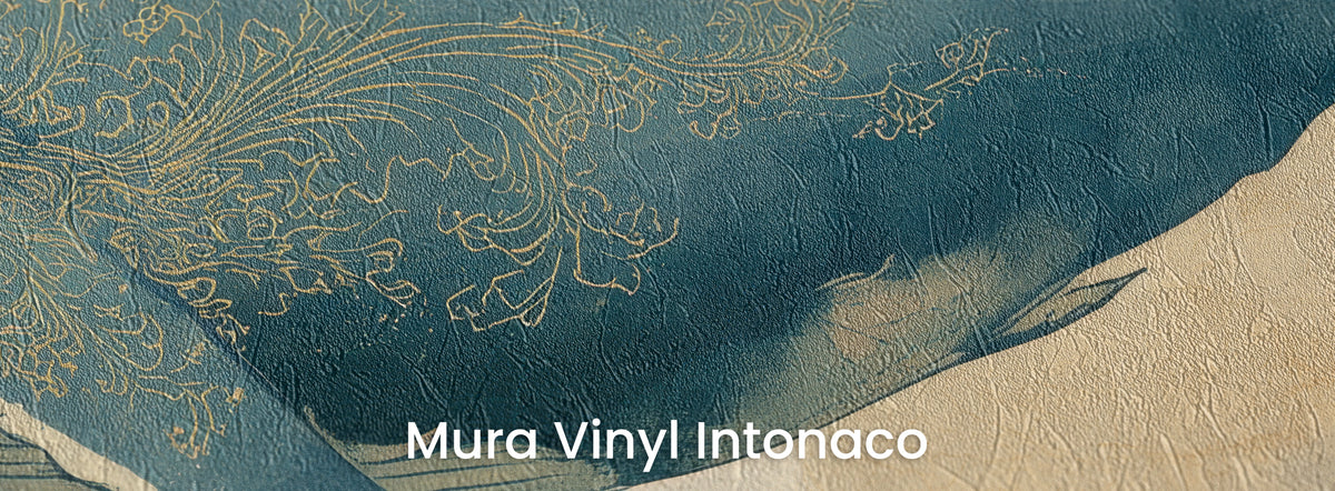 EDO LEVIATHAN auf dem Trägermaterial Mura Vinyl Intonaco: goldenes Ornament auf dem Rücken des Wals, Reibeputz-Struktur
