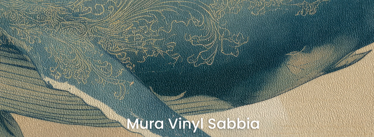 EDO LEVIATHAN en el soporte Mura Vinyl Sabbia: aleta de borde blanco y ornamento dorado sobre grano grueso de arena