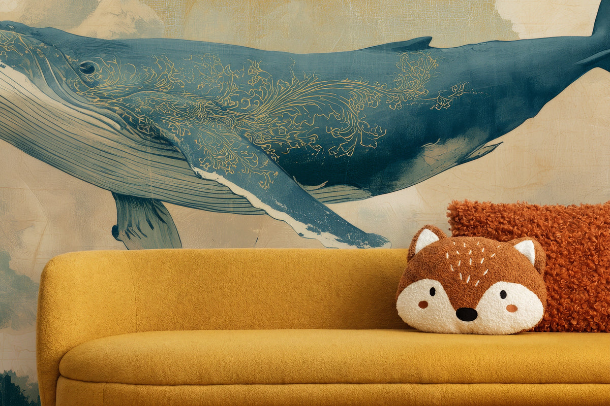 EDO LEVIATHAN aus der Nähe im Kinderzimmer: goldenes Ornament und lange Flosse über senffarbenem Sofa mit Kissen in Fuchsform