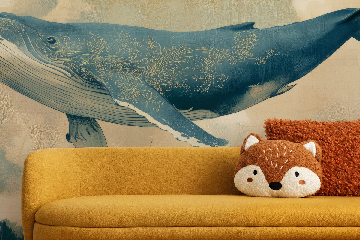 EDO LEVIATHAN de cerca en una habitación infantil: ornamento dorado y larga aleta sobre un sofá mostaza con un cojín en forma de zorro