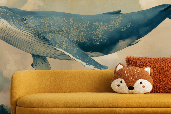 EDO LEVIATHAN de cerca en una habitación infantil: ornamento dorado y larga aleta sobre un sofá mostaza con un cojín en forma de zorro