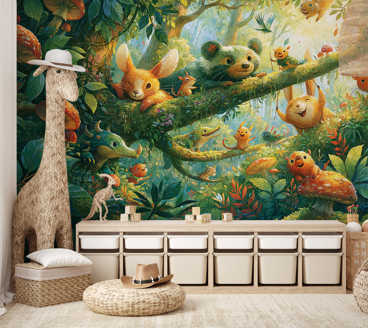 MOSSY BRANCH CROWD - bajkowy las pełen leśnych stworków — Jasny pokój dziecięcy w stylu boho z naturalnym światłem i beżową paletą — drewniana szafka z pojemnikami i pleciona dekoracja, tapeta na ścianie za meblami