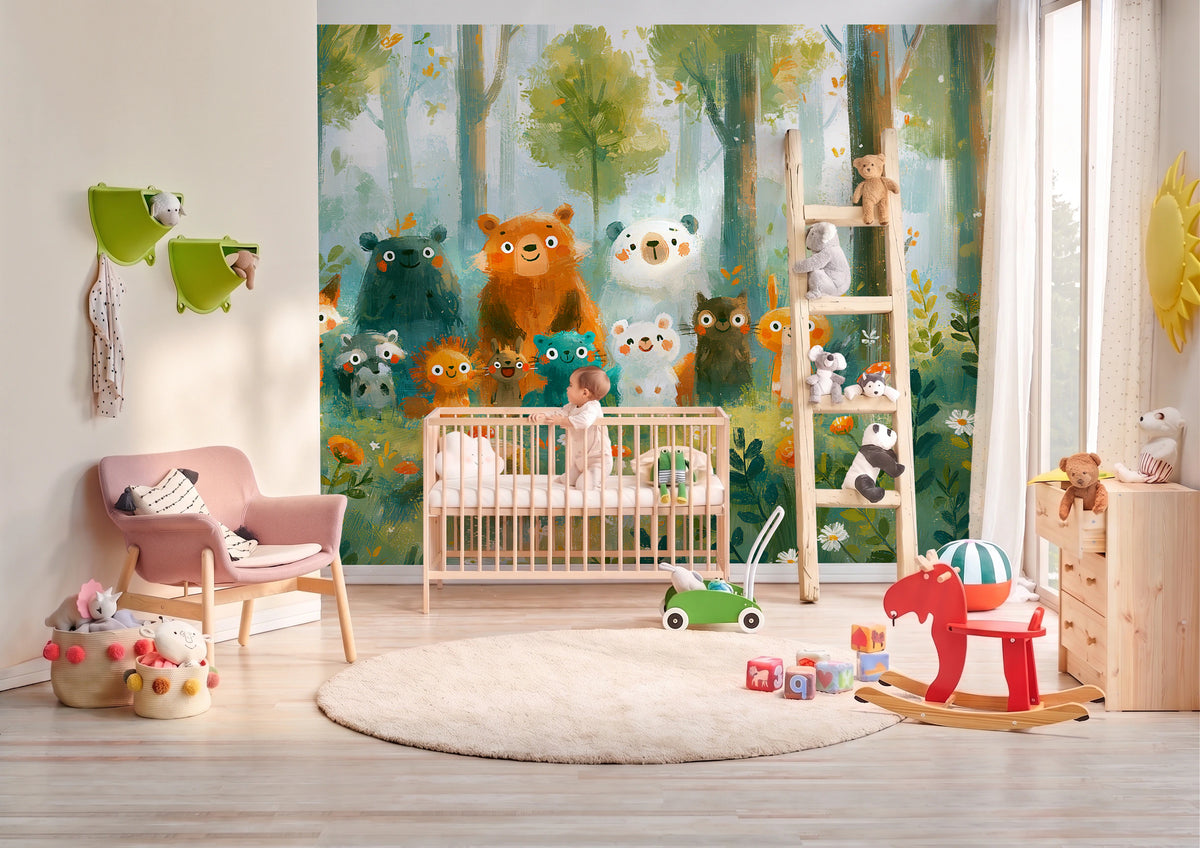 SUNLIT CLEARING - tapeta z leśnymi zwierzętami na polanie — BABY'S ROOM WITH A COT AND A BABY