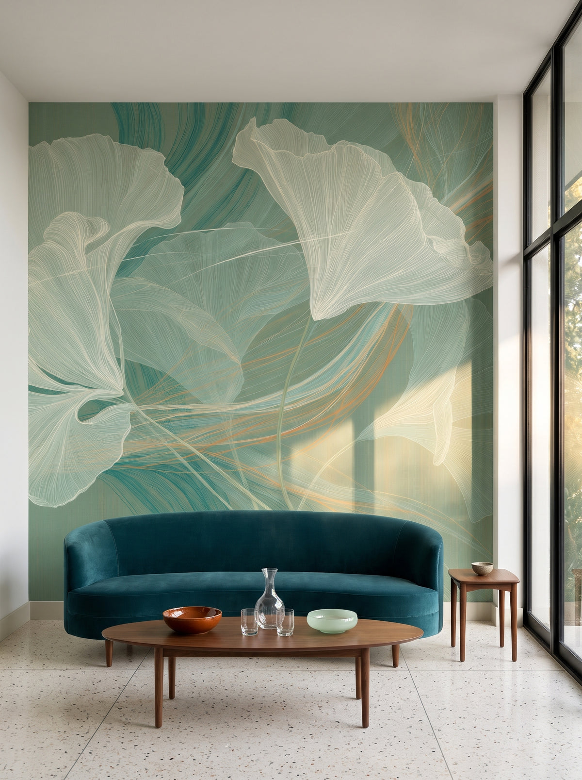 EMBER STRAND w aranżacji salonu w domu z lat 60. w Los Angeles, przed ścianą zakrzywiona sofa z morskiego aksamitu