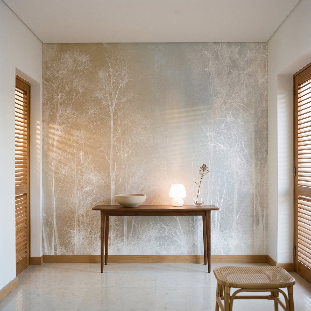 EQUINOX en mise en scène dans un hall d'entrée à Lisbonne, fine console en noyer devant le mur