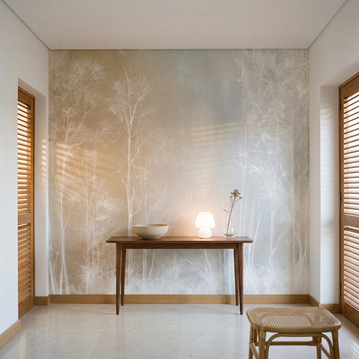 EQUINOX en mise en scène dans un hall d'entrée à Lisbonne, fine console en noyer devant le mur