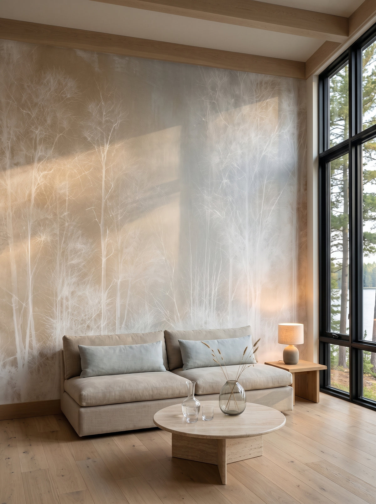 EQUINOX en mise en scène dans le salon d'une maison au bord d'un lac, canapé bas en lin et table en travertin devant le mur