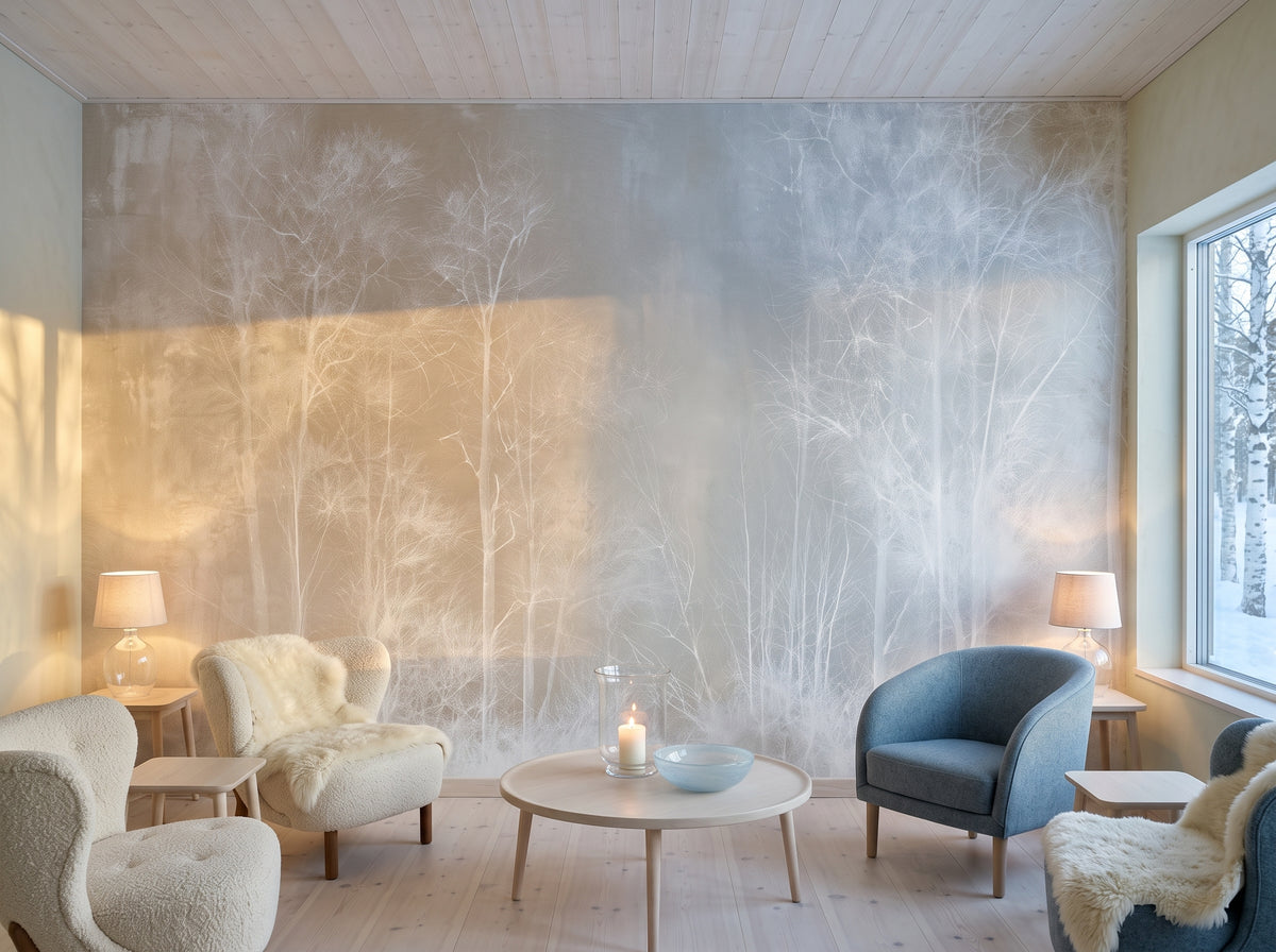 EQUINOX en mise en scène dans le lobby d'un hôtel en Laponie, fauteuils bas et table en bouleau devant le mur