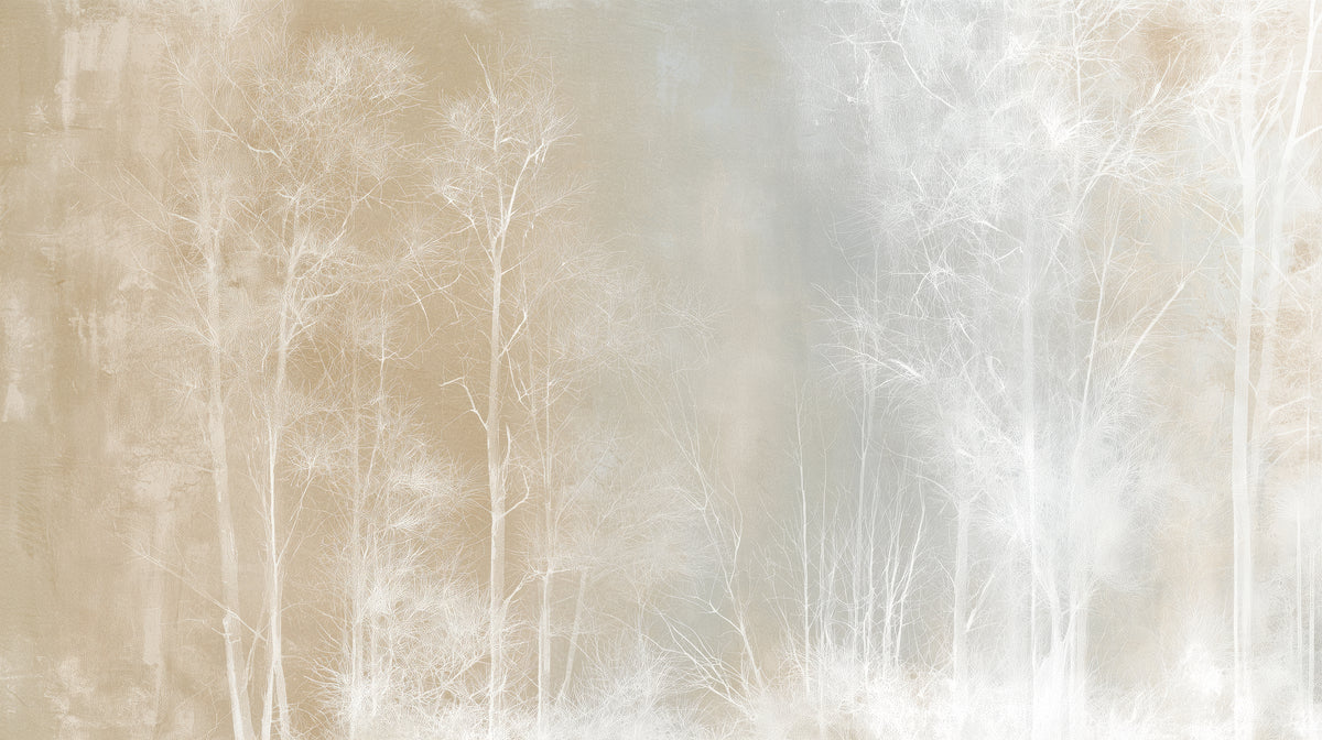 Aperçu du motif : EQUINOX – motif entier : forêt brumeuse, du sable chaud à gauche à la brume bleu gris à droite
