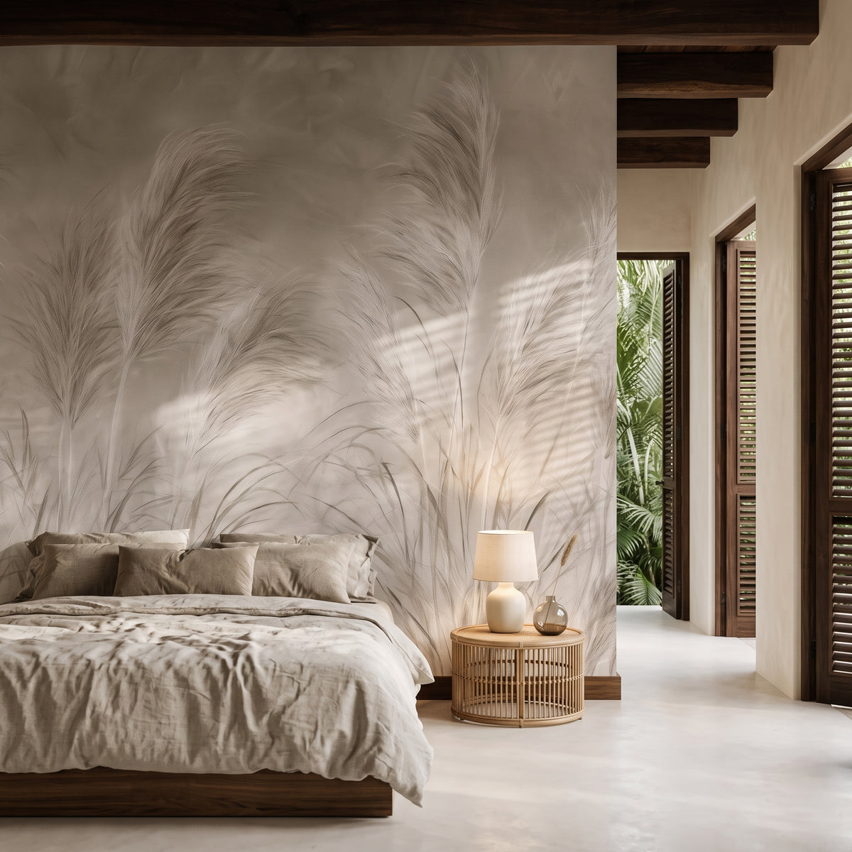 ESTANCIA EVENING in a bedroom setting in a villa in Tulum, with a low dark-wood bed and linen bedding in front of the wall
