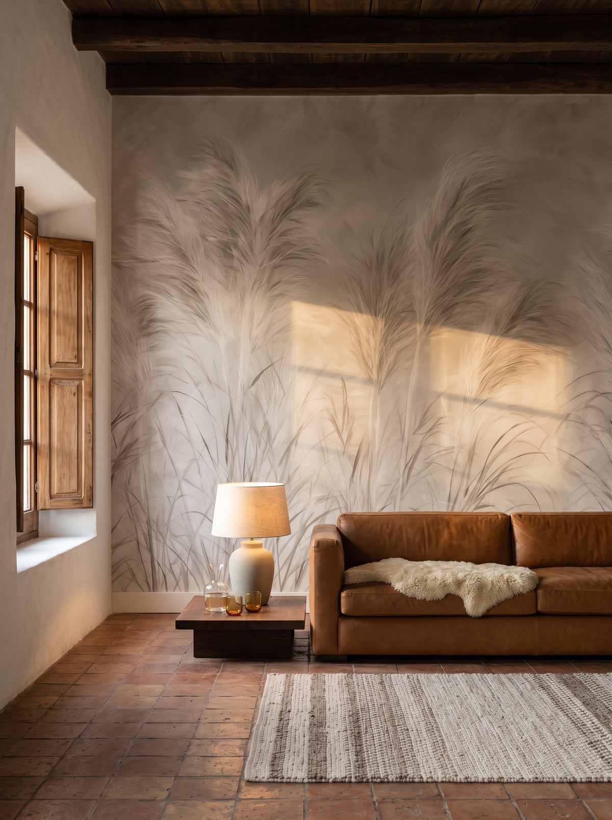 ESTANCIA EVENING in a living room setting in an estancia near San Antonio de Areco, with a low cognac sofa and sheepskin in front of the wall