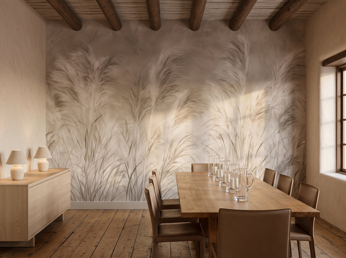 ESTANCIA EVENING in a dining room setting in an adobe house in Santa Fe, with a long light-wood table and leather chairs in front of the wall