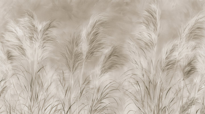 ESTANCIA EVENING – diseño completo: plumeros crema de hierba de la pampa con núcleo sepia sobre fondo taupe, abajo tallos densos
