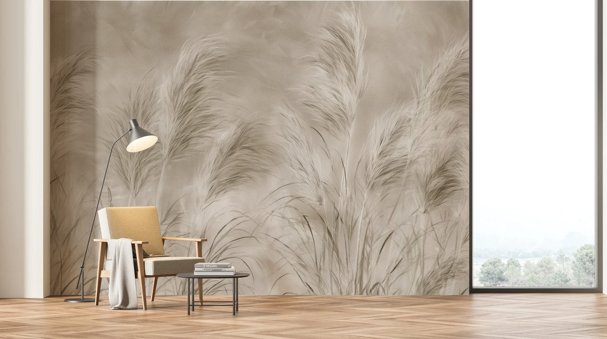 ESTANCIA EVENING across the whole wall of a bright living room with a window; an armchair and floor lamp show the scale of the plumes