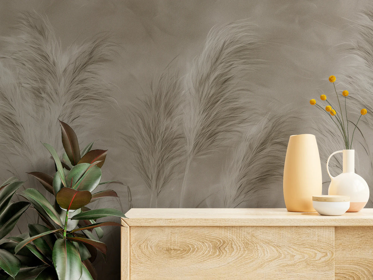 ESTANCIA EVENING close up: pampas grass plumes with a sepia core above a wooden chest of drawers with vases
