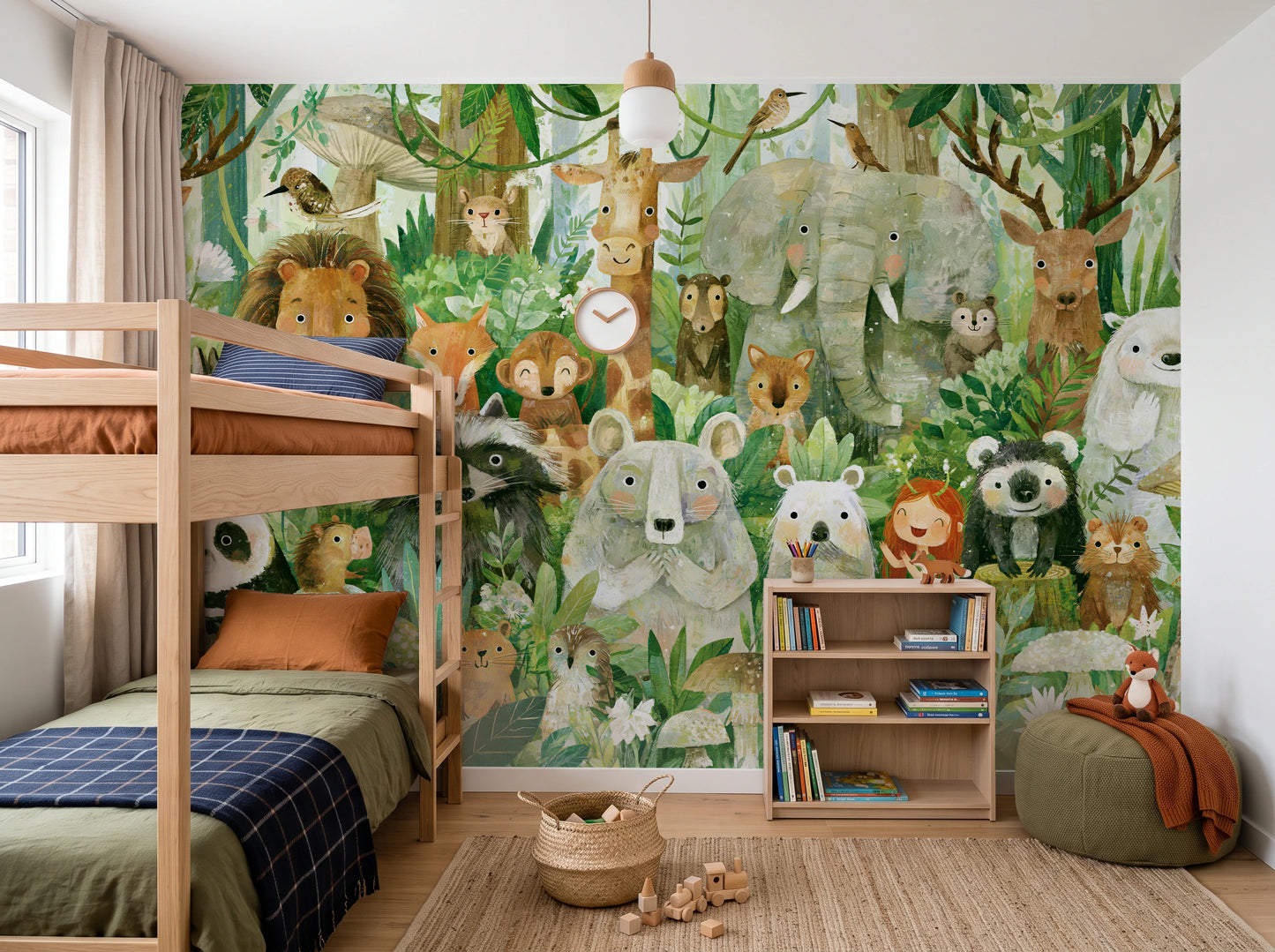 GREEN PARADE - tapeta ze zwierzętami wśród paproci — CHILDREN'S ROOM WITH BUNK BED