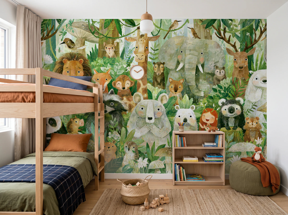 GREEN PARADE - tapeta ze zwierzętami wśród paproci — CHILDREN'S ROOM WITH BUNK BED