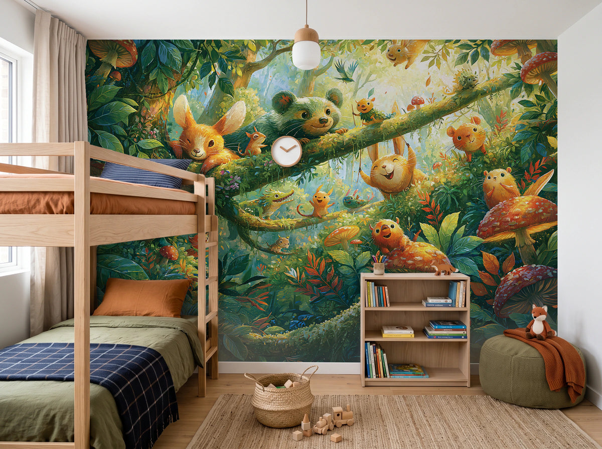 MOSSY BRANCH - tapeta z leśnymi zwierzątkami wśród muchomorów — CHILDREN'S ROOM WITH BUNK BED
