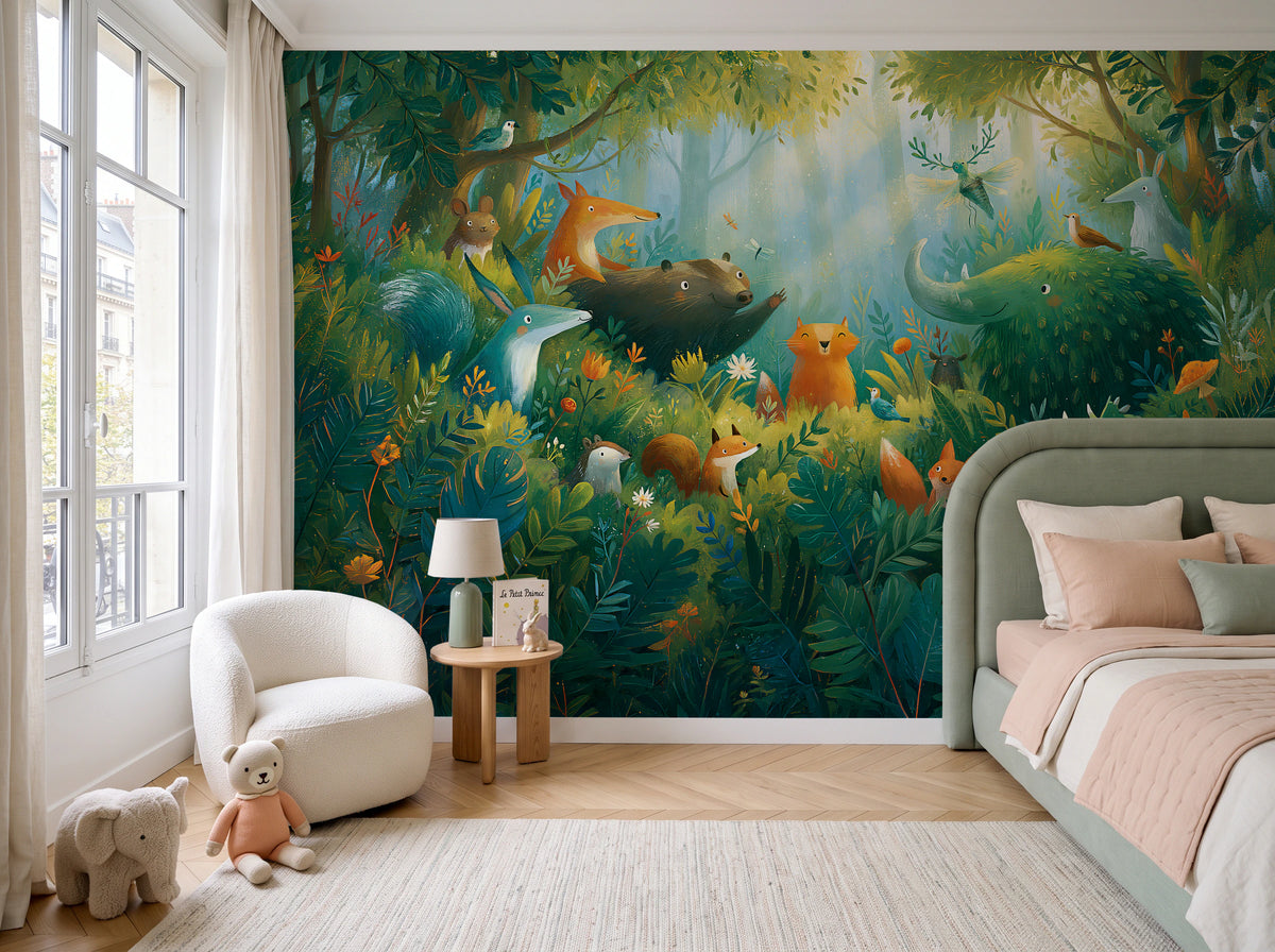 SUNLIT THICKET - malarska tapeta z leśnymi zwierzętami — children's room with window