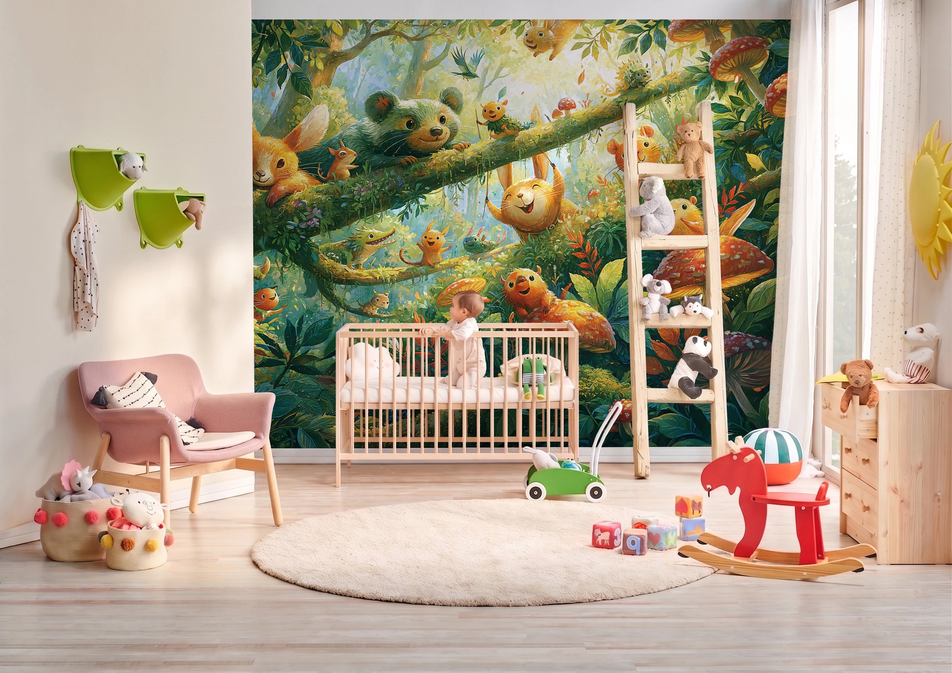 MOSSY BRANCH - tapeta z leśnymi zwierzątkami wśród muchomorów — BABY'S ROOM WITH A COT AND A BABY