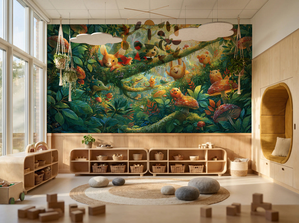 MOSSY BRANCH - tapeta z leśnymi zwierzątkami wśród muchomorów — KIDS — Playroom 03