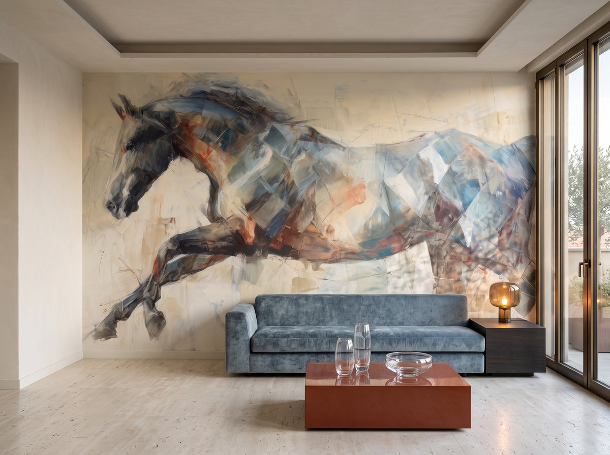 FACETED LEAP in der Raumgestaltung eines Wohnzimmers: ganze Wand hinter langem Sofa aus graublauem Velours und rostfarbenem Tisch