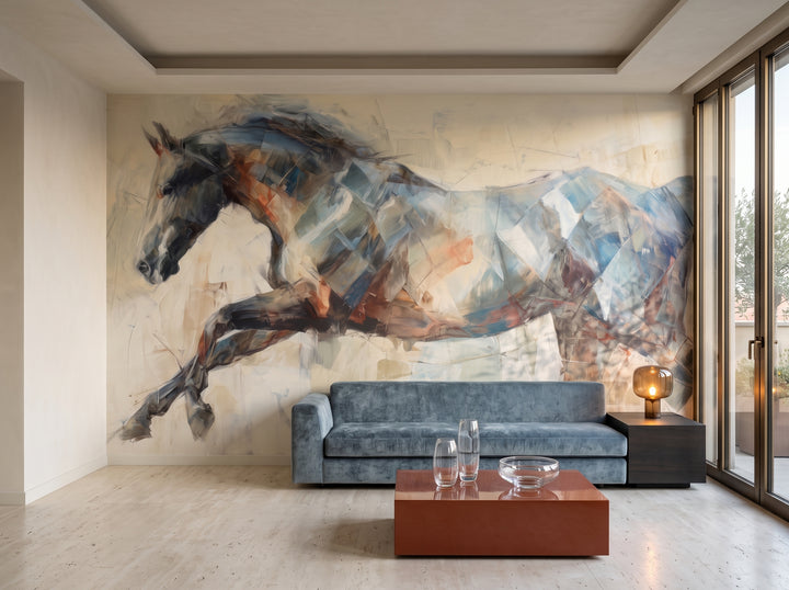 FACETED LEAP en una ambientación de salón: toda la pared tras un largo sofá de terciopelo azul grisáceo y una mesa color óxido