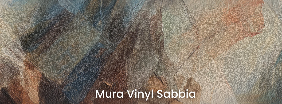 FACETED LEAP auf dem Trägermaterial Mura Vinyl Sabbia – lachsfarbener und graublauer Fleck auf grober Sandkörnung