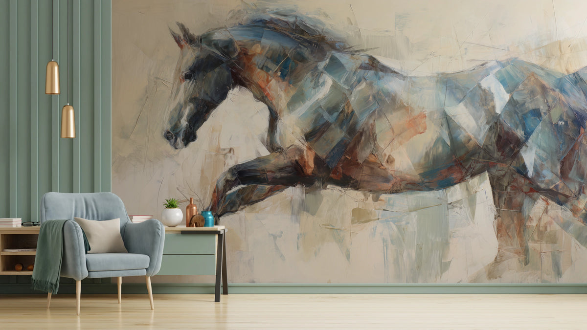 FACETED LEAP an der ganzen Wohnzimmerwand: Pferd im Sprung mit angezogenen Vorderbeinen über der Konsole, links grünes Paneel und blauer Sessel