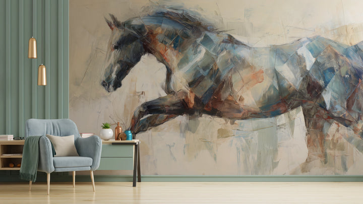 FACETED LEAP, pared de salón: caballo en pleno salto con las patas delanteras recogidas sobre la consola; a la izquierda, panel verde y sillón celeste