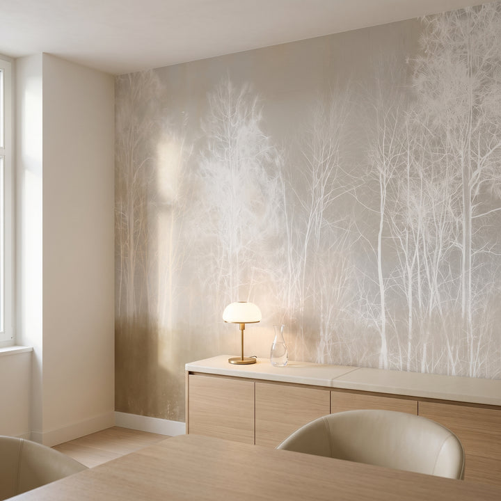 FALLOW GROUND en mise en scène de salle de réunion à Zurich, devant le mur une commode basse en chêne avec lampe en laiton