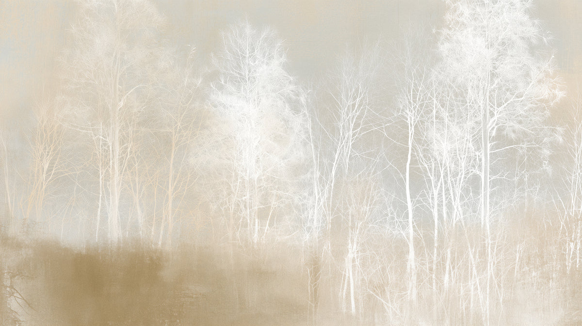 FALLOW GROUND – das ganze Bild: weiße und cremefarbene Bäume im Nebel, links unten ein breiter Ockerstreifen