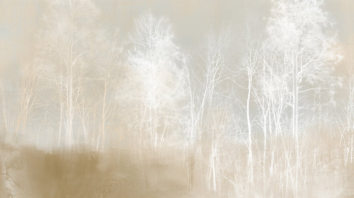 FALLOW GROUND – l'image entière : arbres blancs et crème dans la brume, large bande d'ocre en bas à gauche