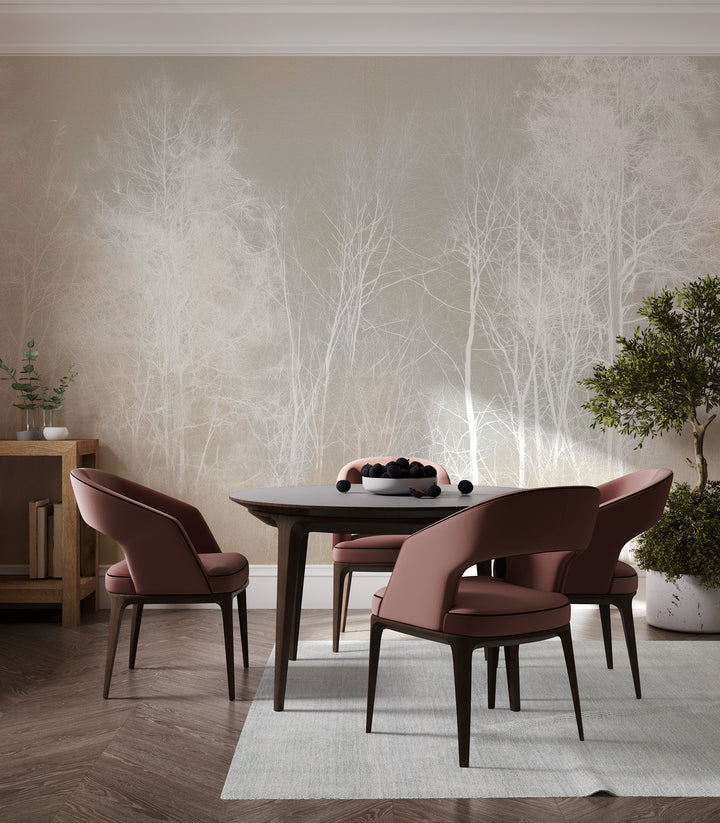 FALLOW GROUND sur tout le mur d'une salle à manger derrière une table ronde et ses chaises – arbres blancs bien au-dessus des dossiers
