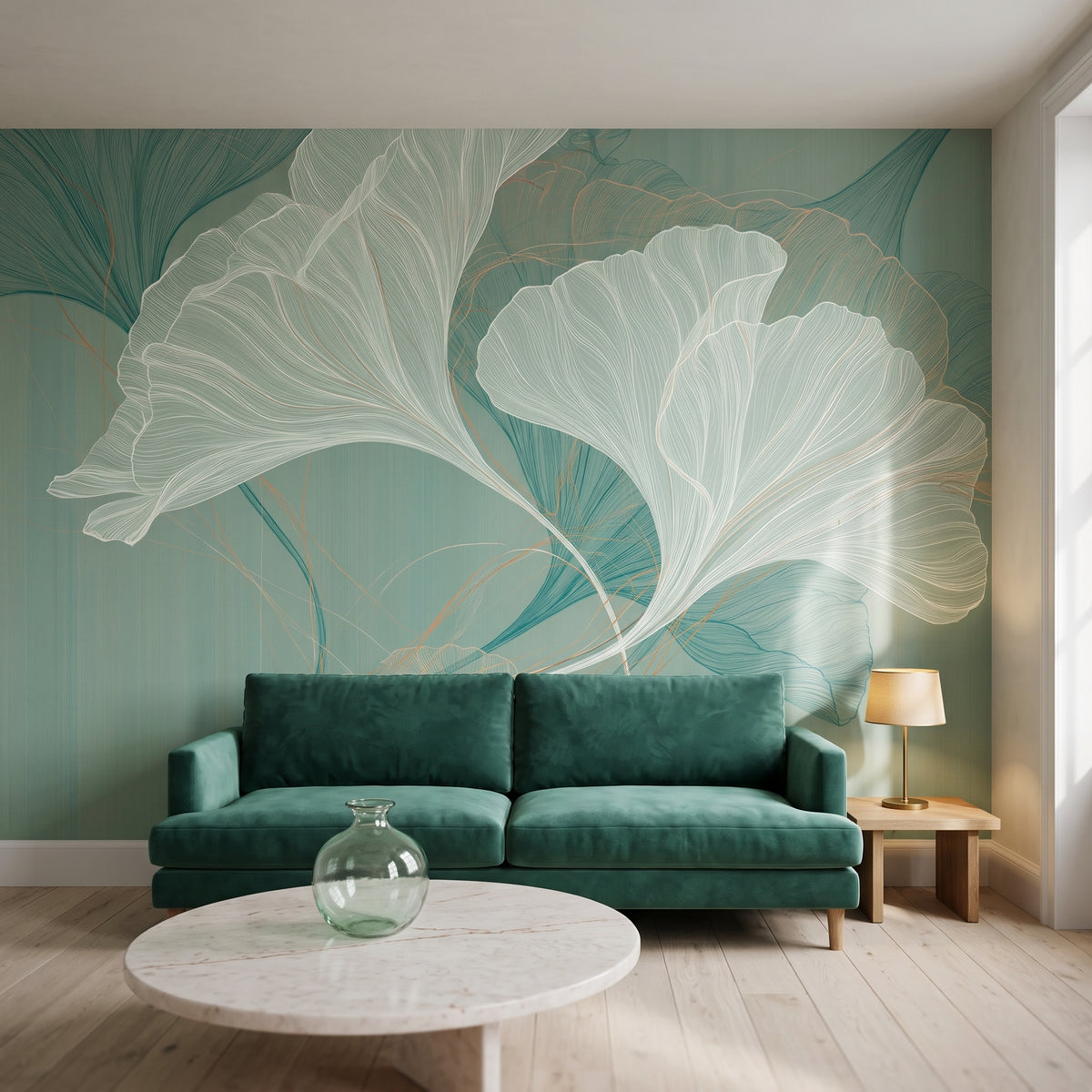 FANFARE dans un salon d’une maison de ville à Belgravia, devant le mur un canapé bas en velours vert et une table basse en marbre