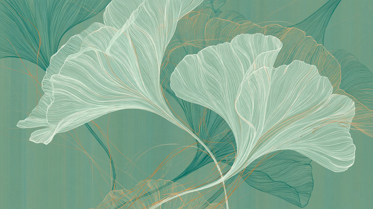 FANFARE – motif complet : deux immenses feuilles de ginkgo vert menthe pâle et fils rouille sur un vert jade